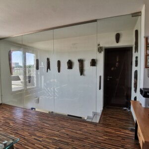 sklenená stena s otočnými dverami z číreho skla