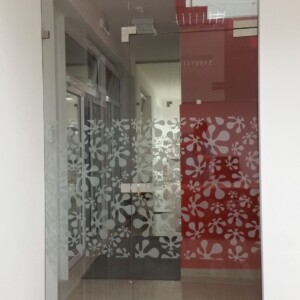 sklenená stena s otočnými dverami z číreho skla so vzorom