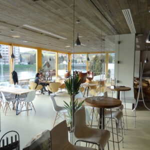 sklenená stena s otočnými dverami z číreho skla