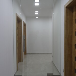 sklenená stena s otočnými dverami z číreho skla