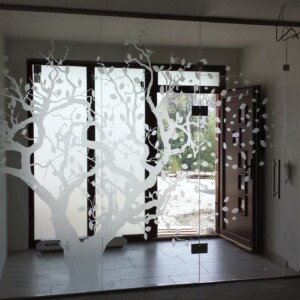 sklenená stena s otočnými dverami z vzorovaného skla