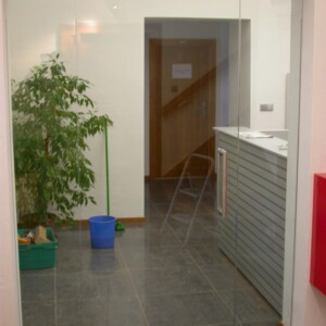 sklenená stena s otočnými dverami z číreho skla