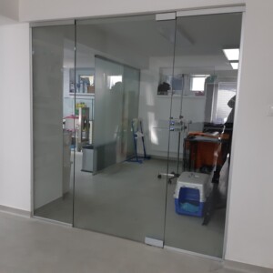 sklenená stena s otočnými dverami z číreho skla