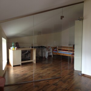 sklenená stena s otočnými dverami z číreho skla