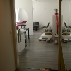 sklenená stena s otočnými dverami