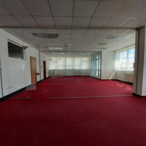 sklenená stena s otočnými dverami z číreho skla