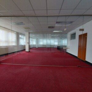 sklenená stena s otočnými dverami z číreho skla