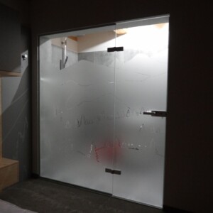 sklenená stena s otočnými dverami so vzorovaného skla