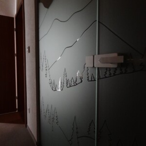 sklenená stena s otočnými dverami so vzorovaného skla