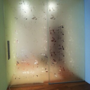 sklenená stena s posuvnými dverami zo vzorovaných sklom