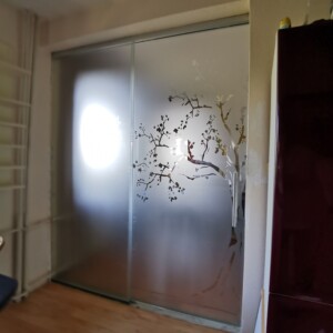 sklenená stena s posuvnými dverami zo vzorovaných sklom